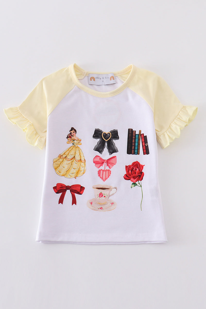 Yellow princess bow print girl top