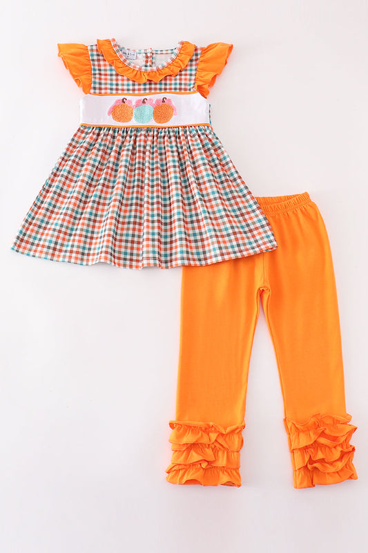 Pumpkin french knot gingham girl set