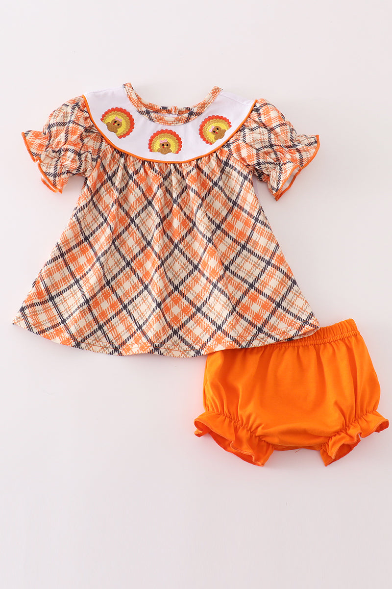 Orange turkey embroidery baby girl set