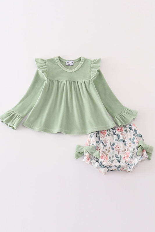 Sage floral print velvet ruffle baby set