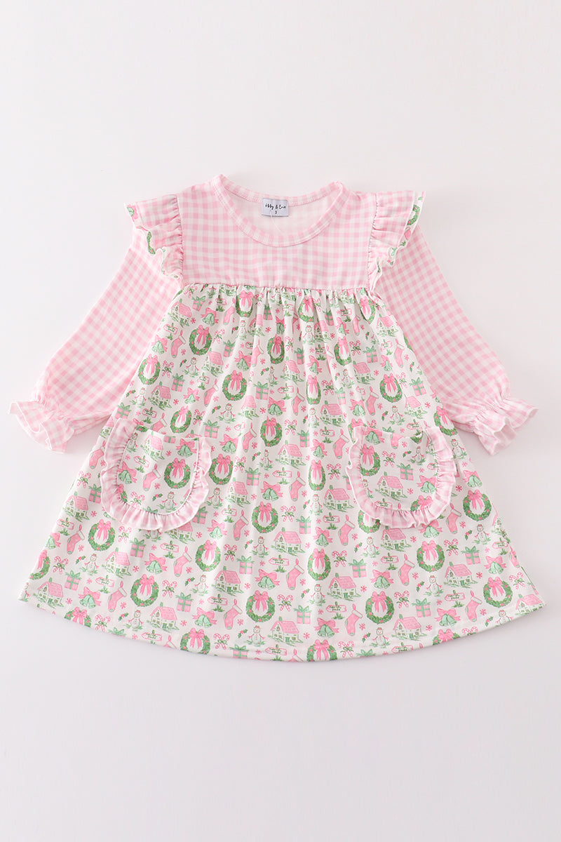 Pink watercolor christmas print girl dress