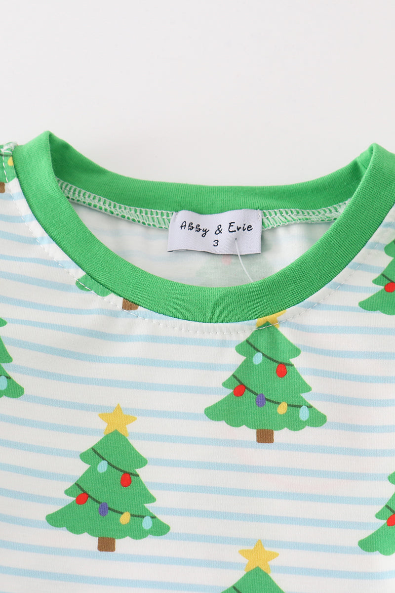 Green christmas tree print ruffle boy pajamas set