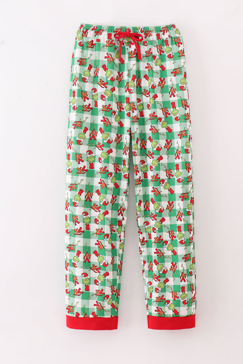 Green grinch print plaid adult pajamas pants