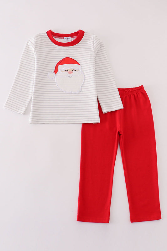 Red christmas santa claus applique stripe boy set