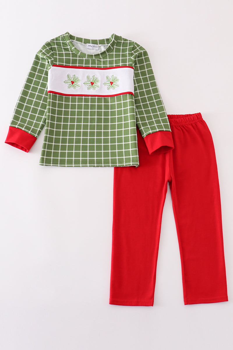 Green christmas holly embroidery boy set