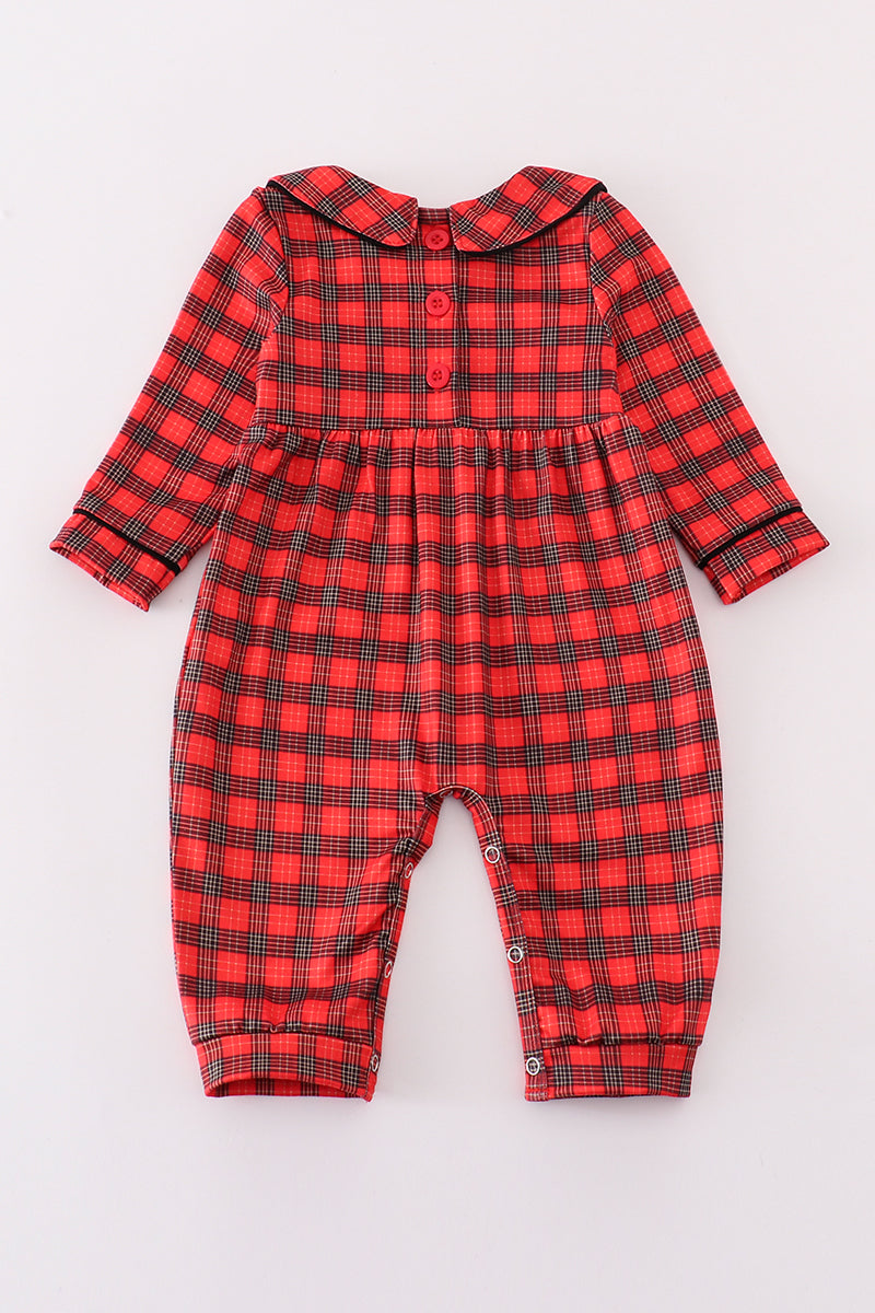 Red christmas santa embroidery smocked plaid boy bishop romper