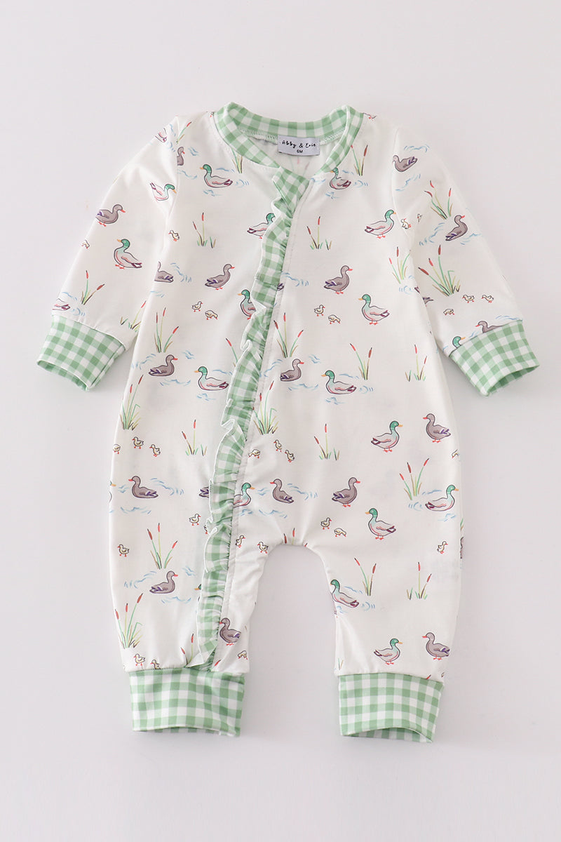 Sage duck print ruffle zip girl romper