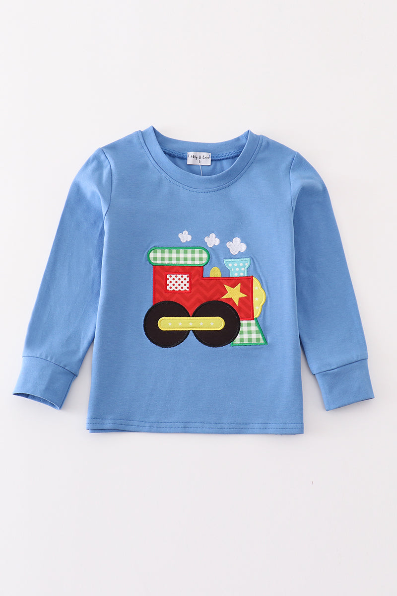 Blue train applique boy top