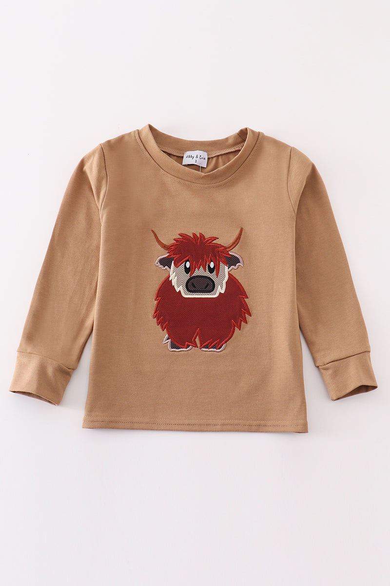 Brown cow applique boy top