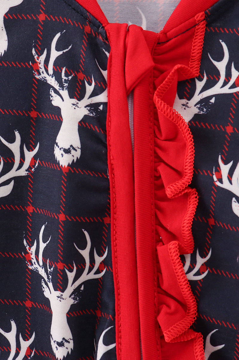 Navy deer print ruffle romper