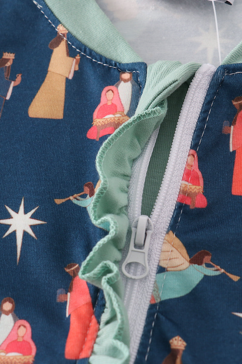 Navy nativity print ruffle romper