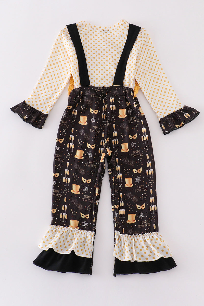 Mustard happy new year embroidery girl jumpsuit set