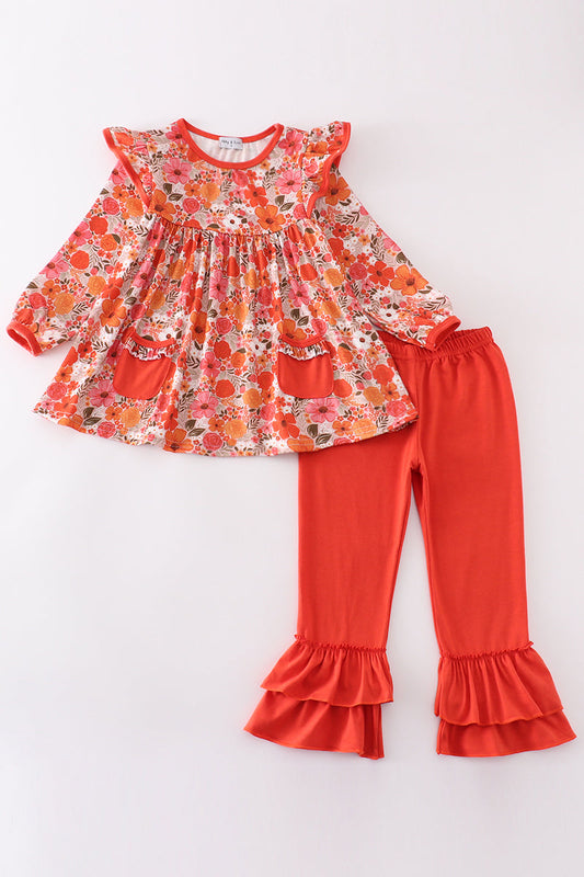 Fall floral print ruffle girl set