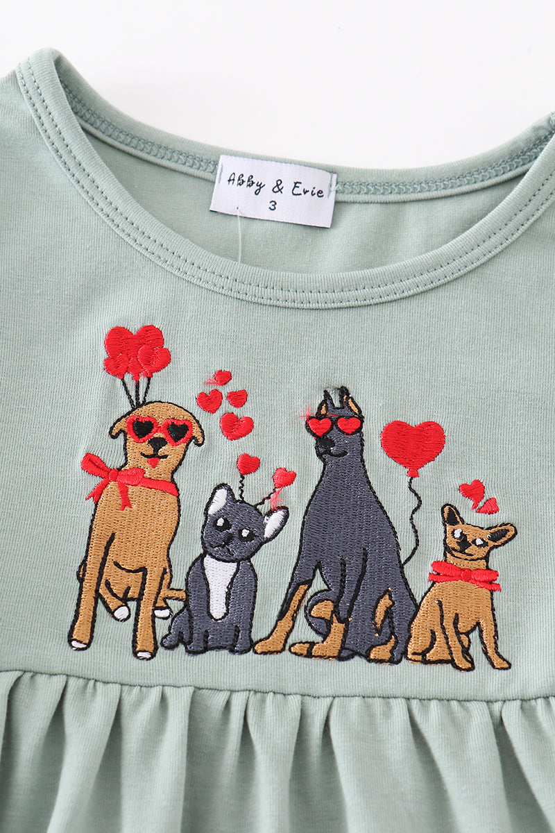 Sage valentine puppy heart embroidery girl dress