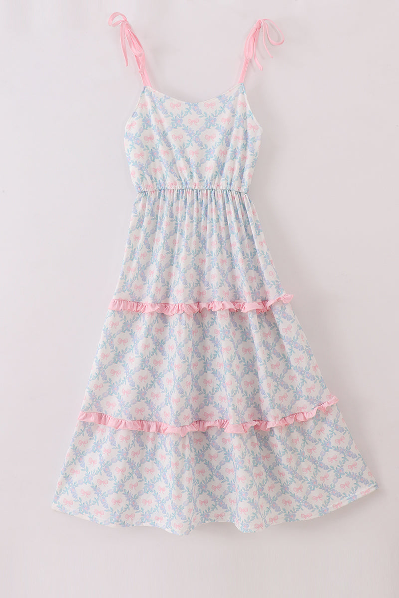 Pink bow print  ruffle mom dress