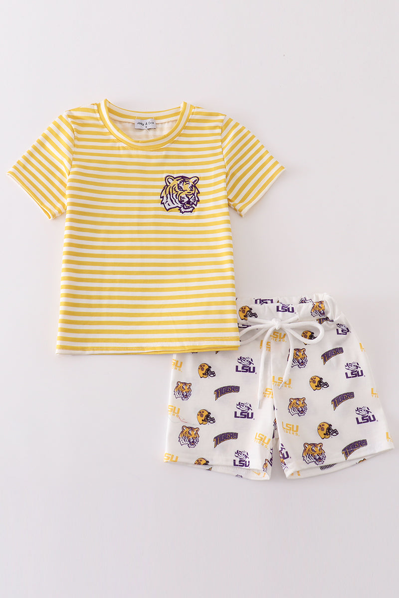 Yellow tiger embroidery LSU boy set