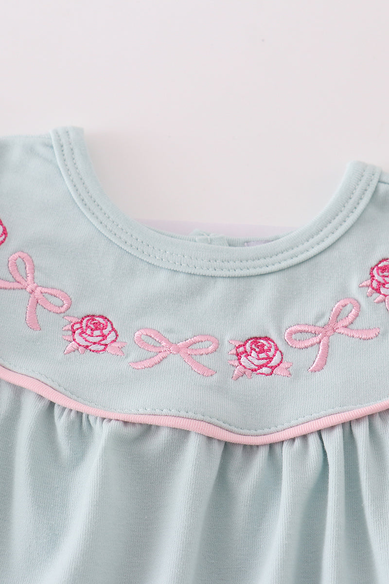 Blue floral bow embroidery girl bloomer set