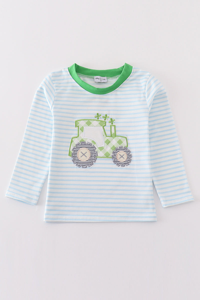 Green tractor lucky clover applique boy top