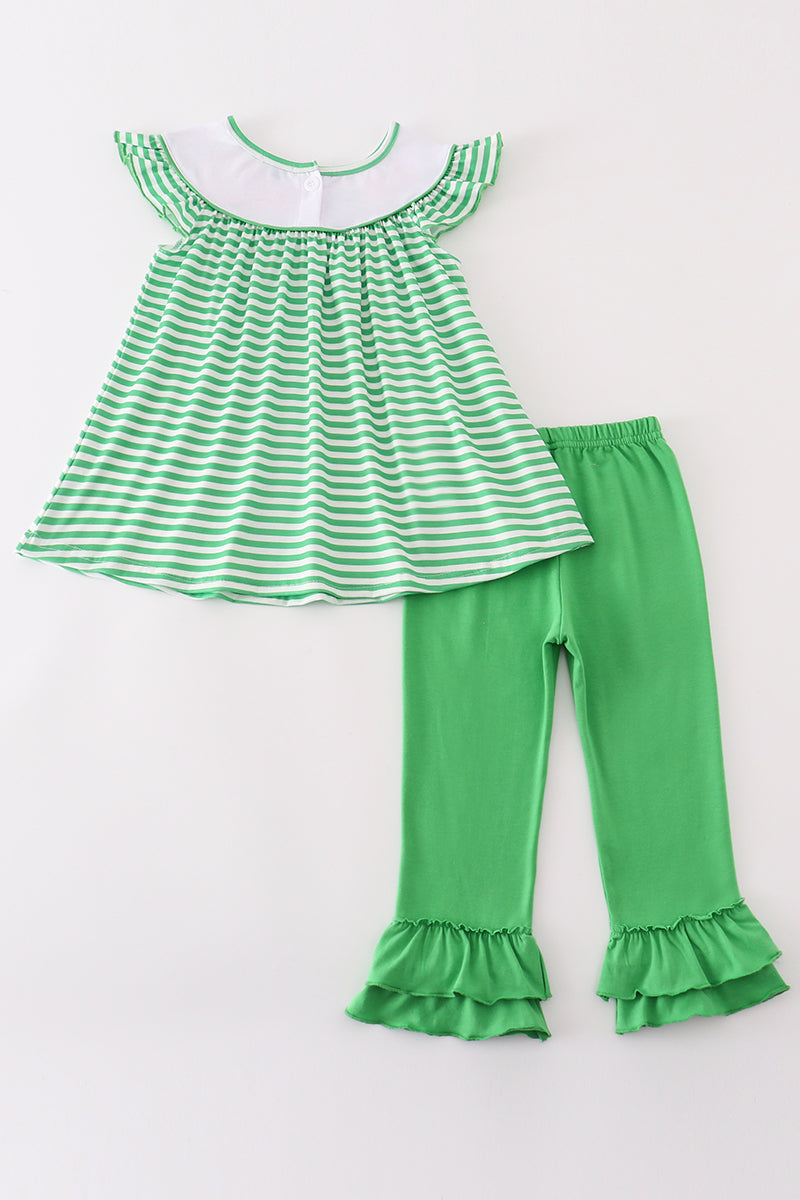 Green stripe lucky charm french knot girl set