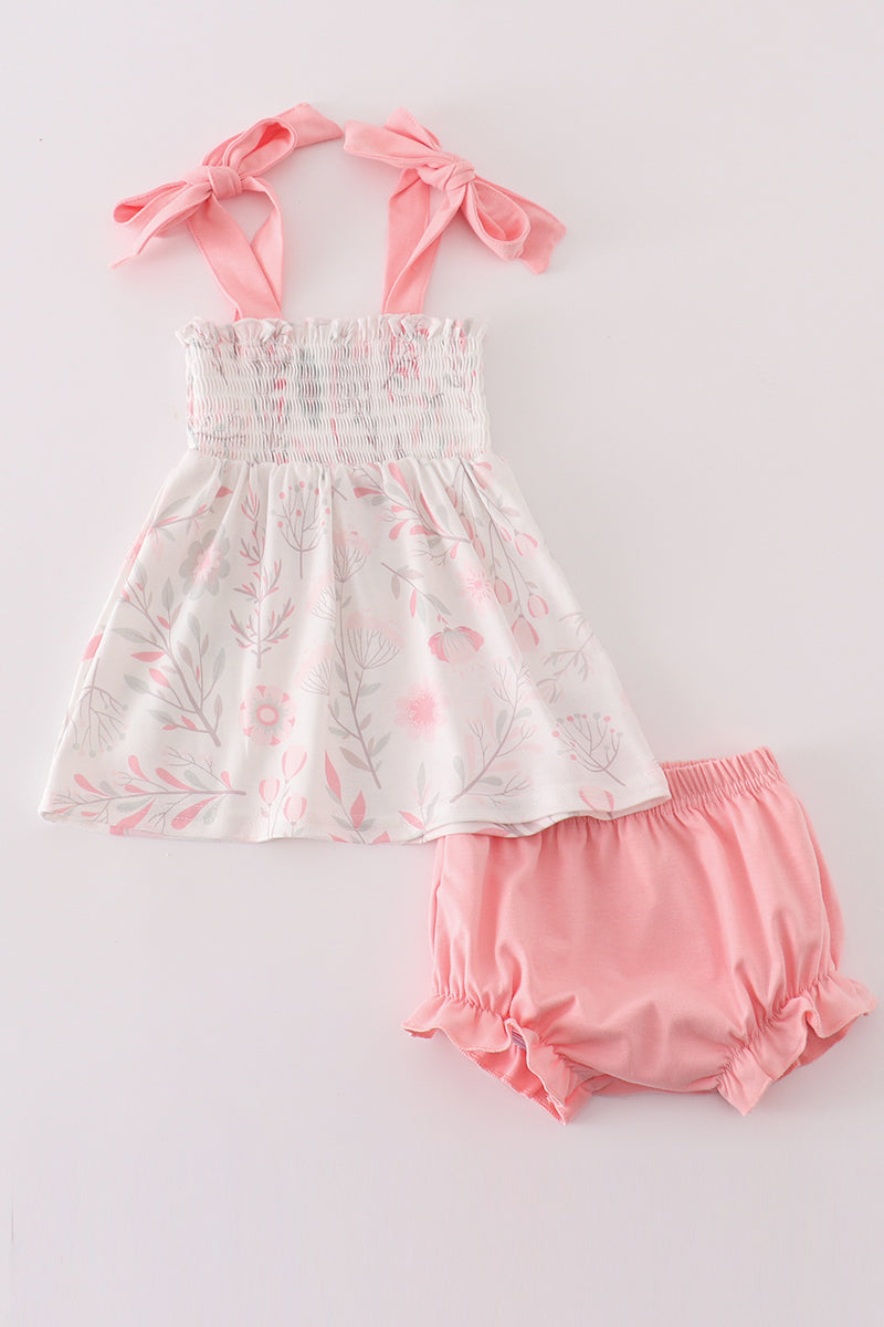 Pink Blush Meadow smocked girl bloomer set