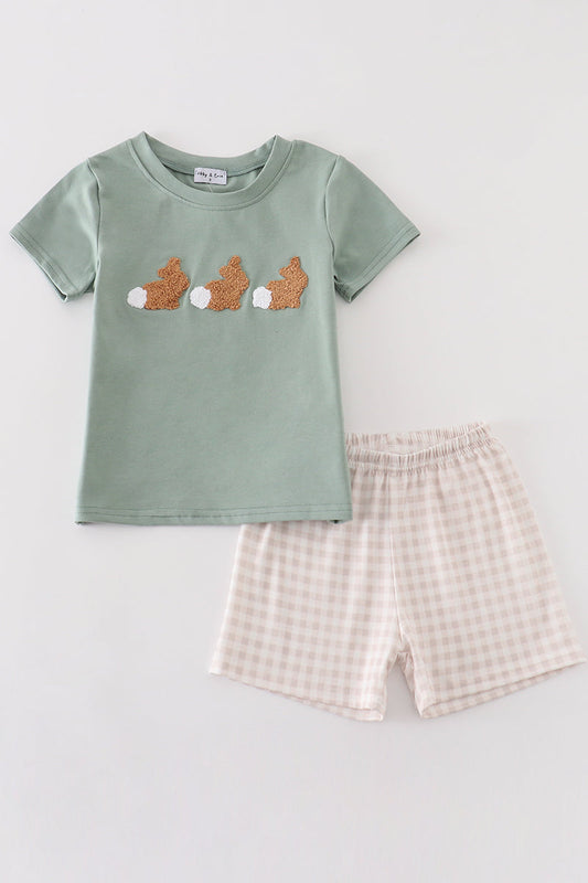 Sage easter bunny french knot boy set