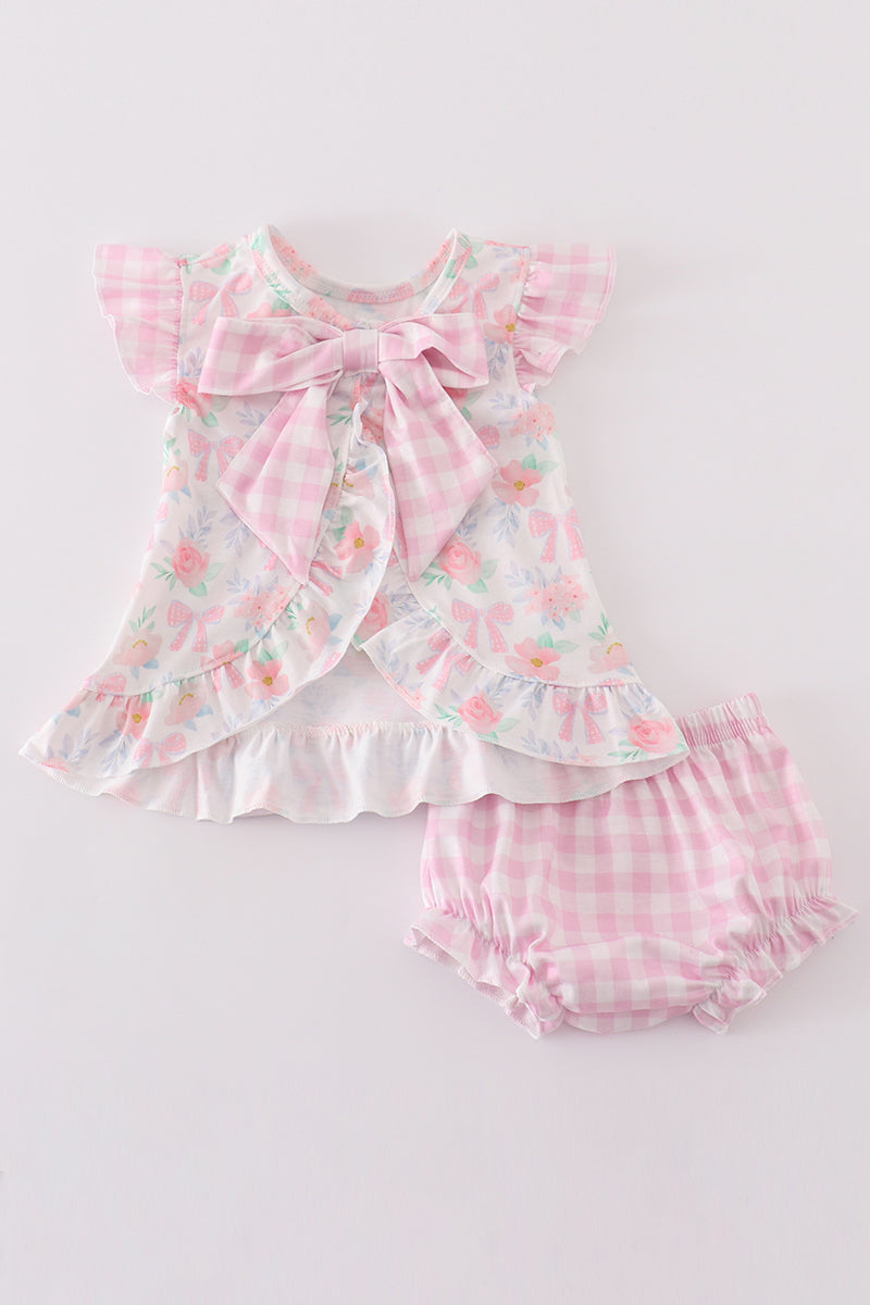 Pink floral bow print girl bloomer set