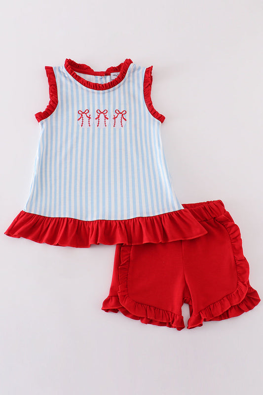 Blue stripe baseball embroidery girl set