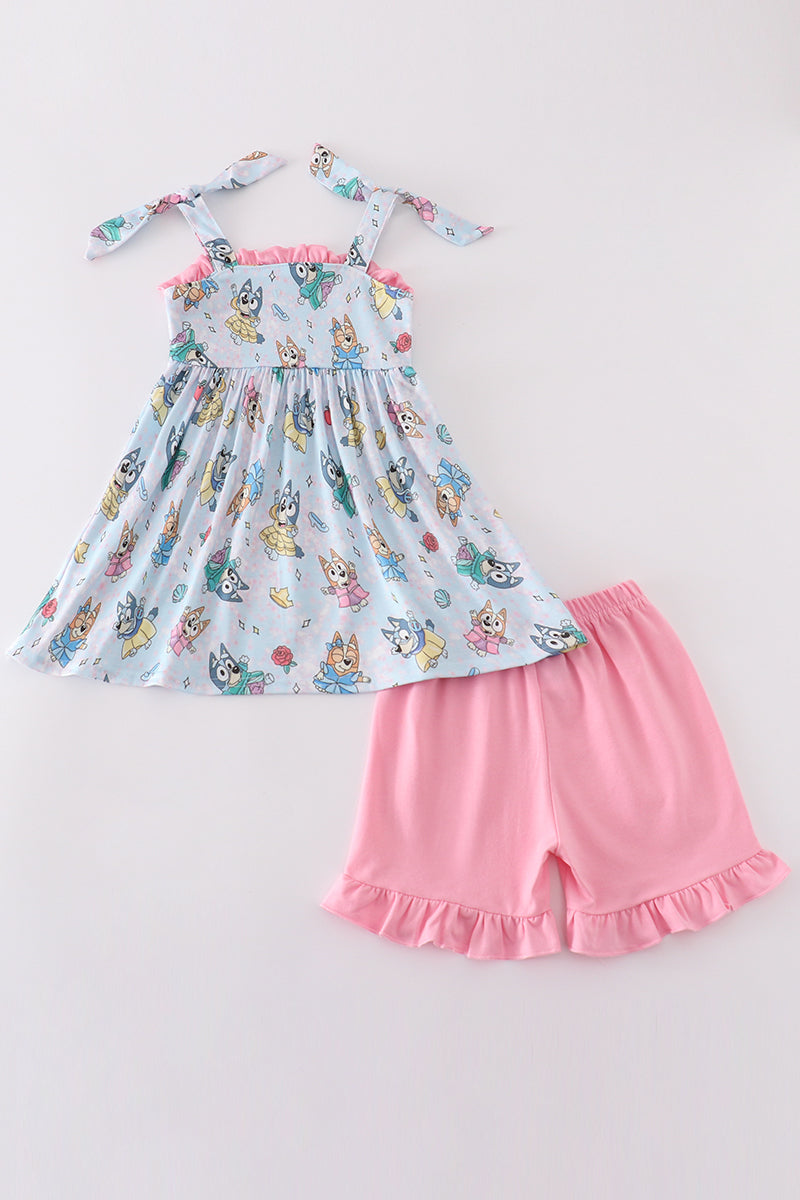 Pink character print ruffle girl set