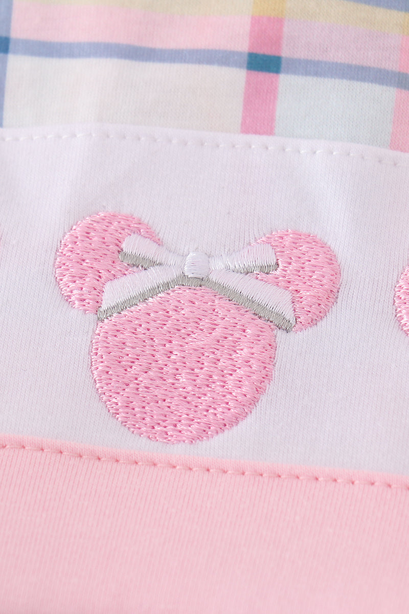 Pink plaid character embroidery girl set