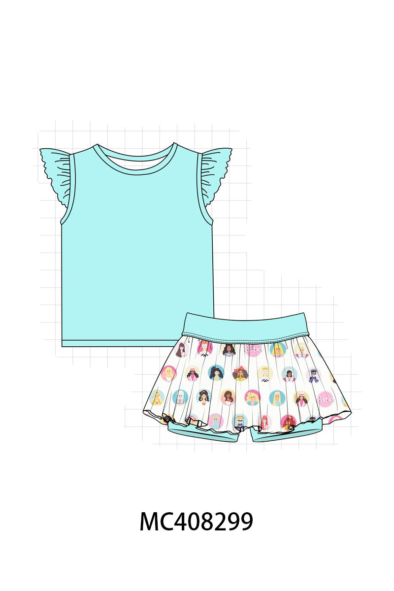 Mint barbie print girl skorts set