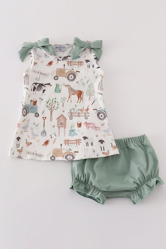 Sage farm print girl bloomer set