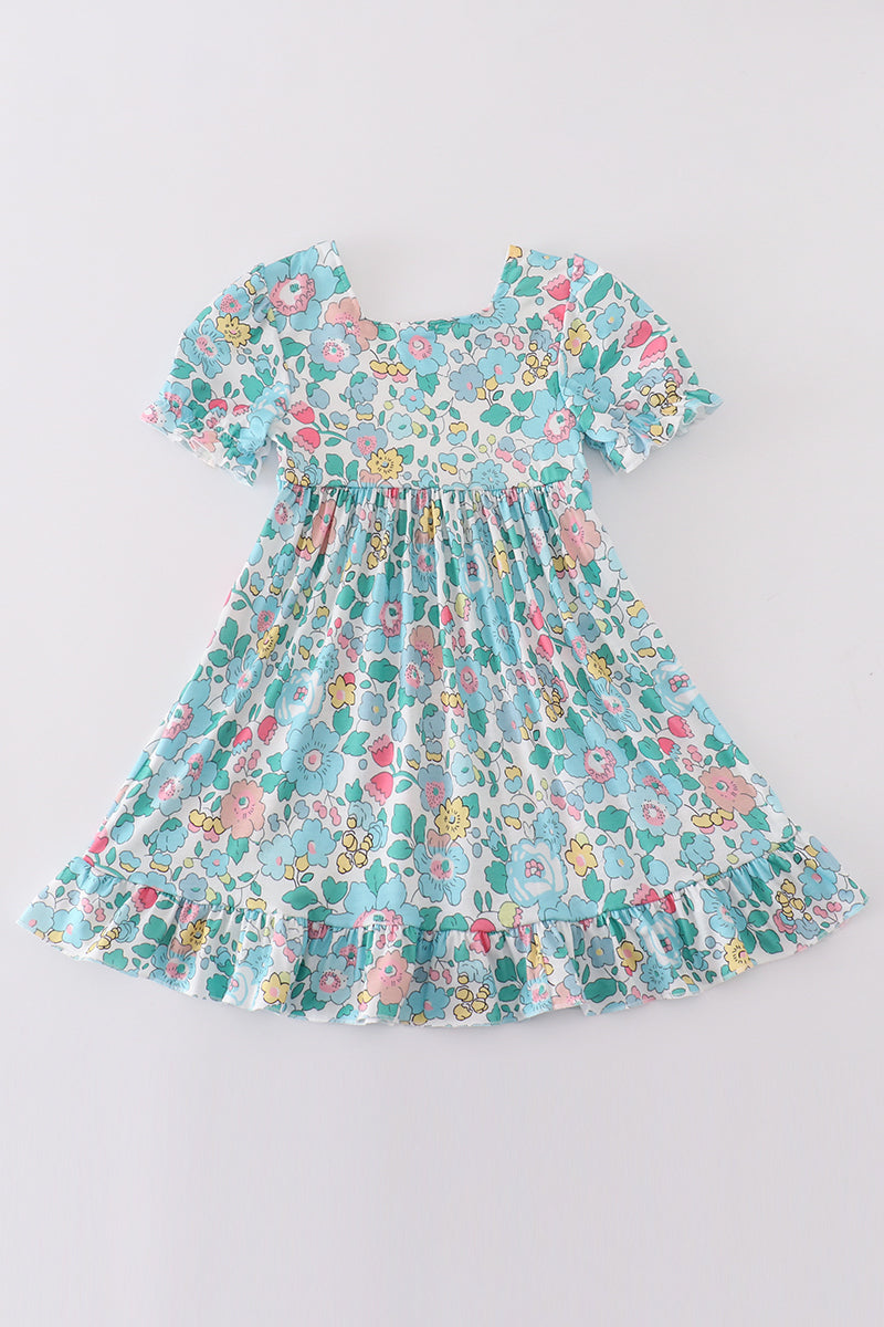 Green floral daddy's girl embroidery girl dress