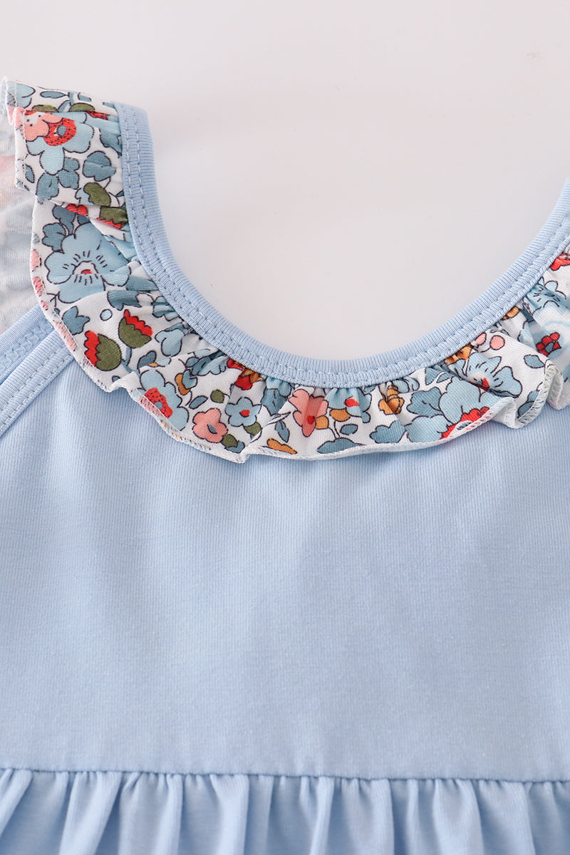 Blue apple floral applique ruffle dress