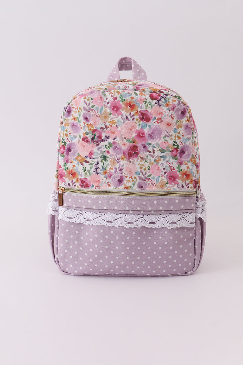 Purple floral print canvas ruffle backpack