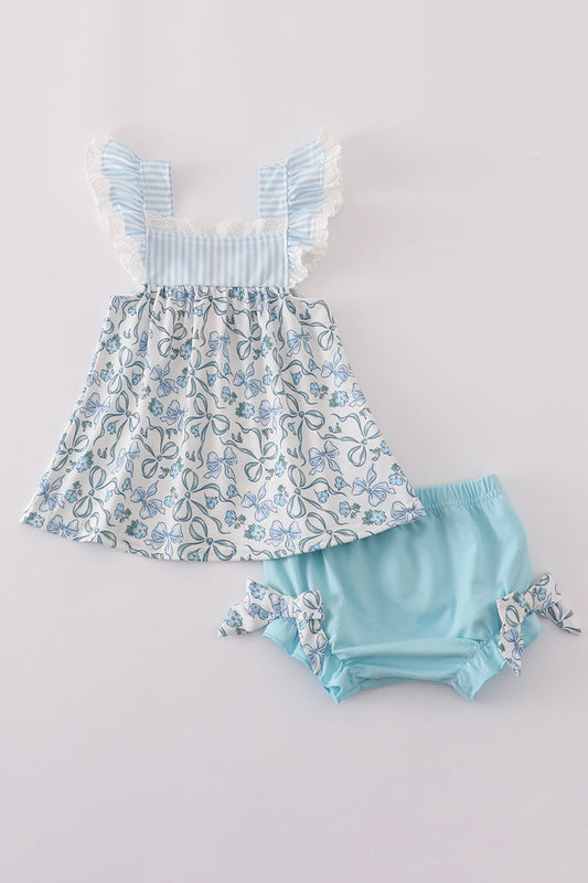 Blue bow & lace print ruffle bloomer set