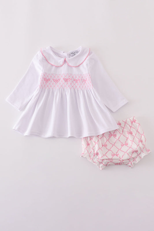 Pink bow smocked bloomer set