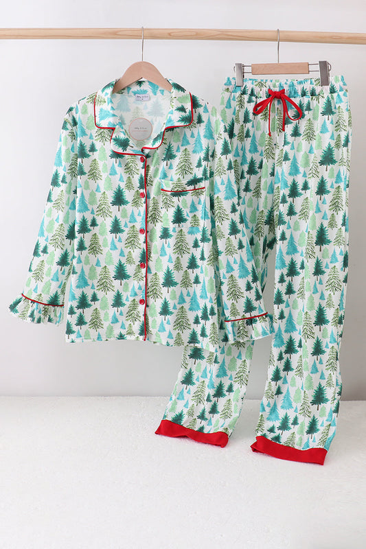 Green christmas tree print mom pajamas pants set