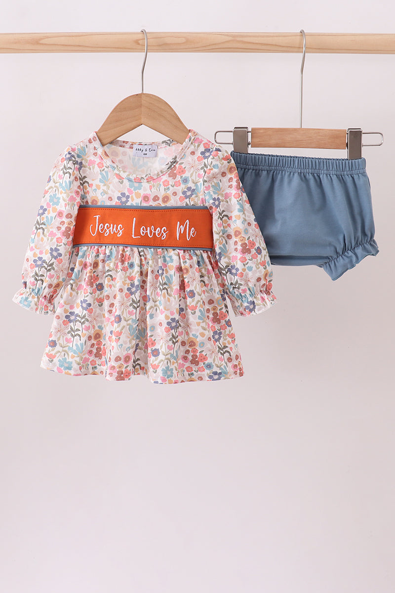 Jesus loves me embroidery floral print girl bloomers set