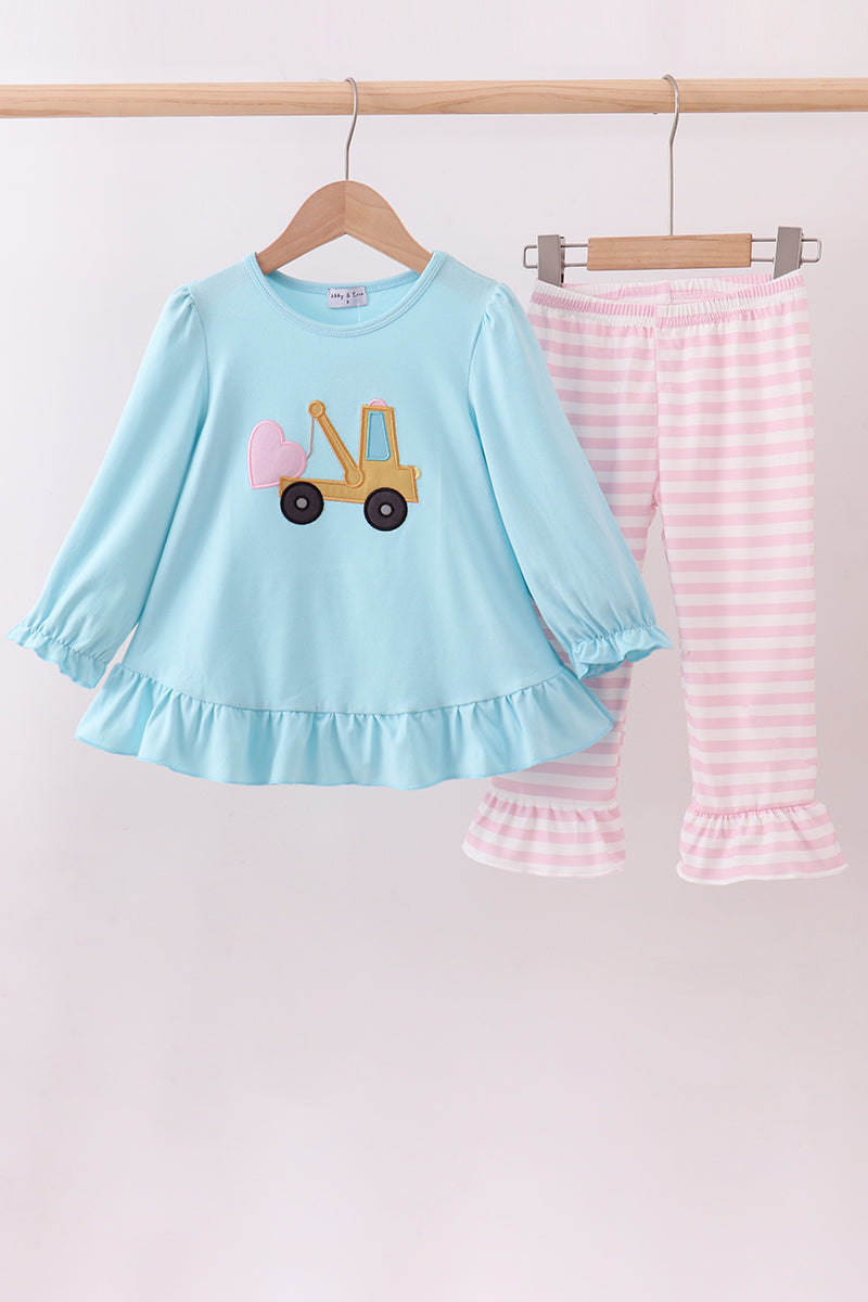 Blue truck heart applique ruffle pants set