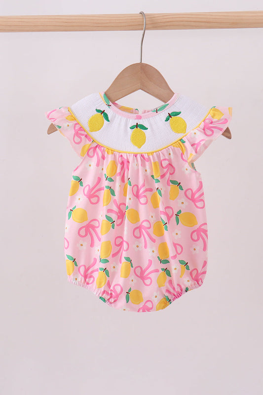 Pink lemon smocked bow print bubble