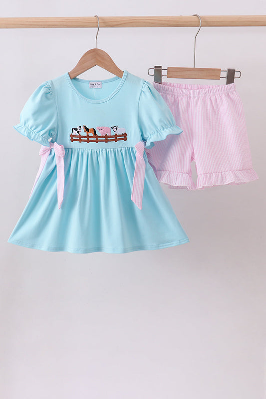 Blue farm animal embroidery ruffle shorts set