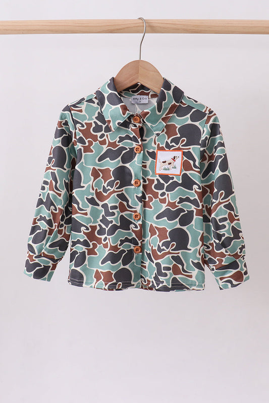 Camouflage puppy hunting embroidery button shirt