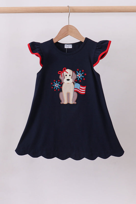 Navy puppy fireworks applique ruffle dress