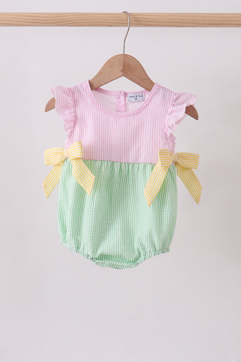 Pink flutter trim seersucker ruffle bubble
