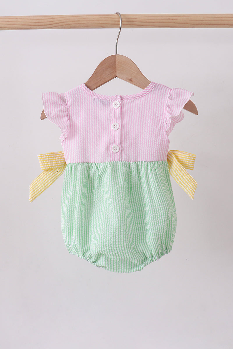 Pink flutter trim seersucker ruffle bubble