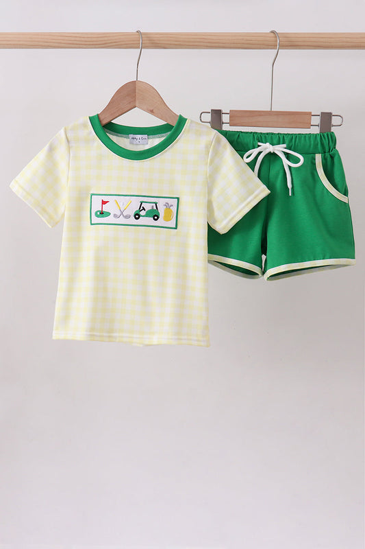 Yellow golf smocked gingham shorts set