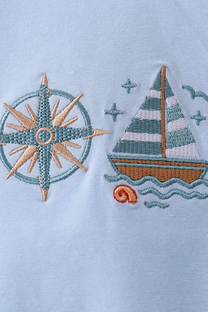 Blue sailboat embroidery top