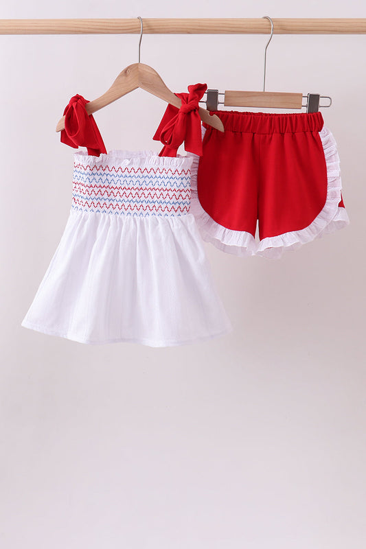 White smocked jacquard ruffle shorts set