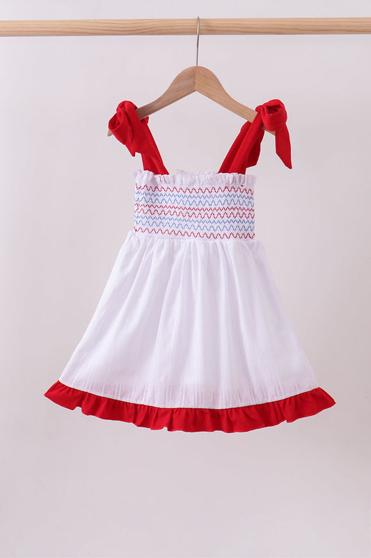 White smocked jacquard ruffle dress