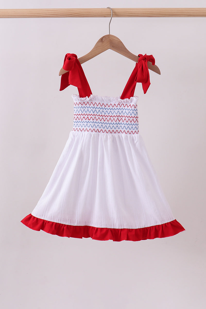White smocked jacquard ruffle dress